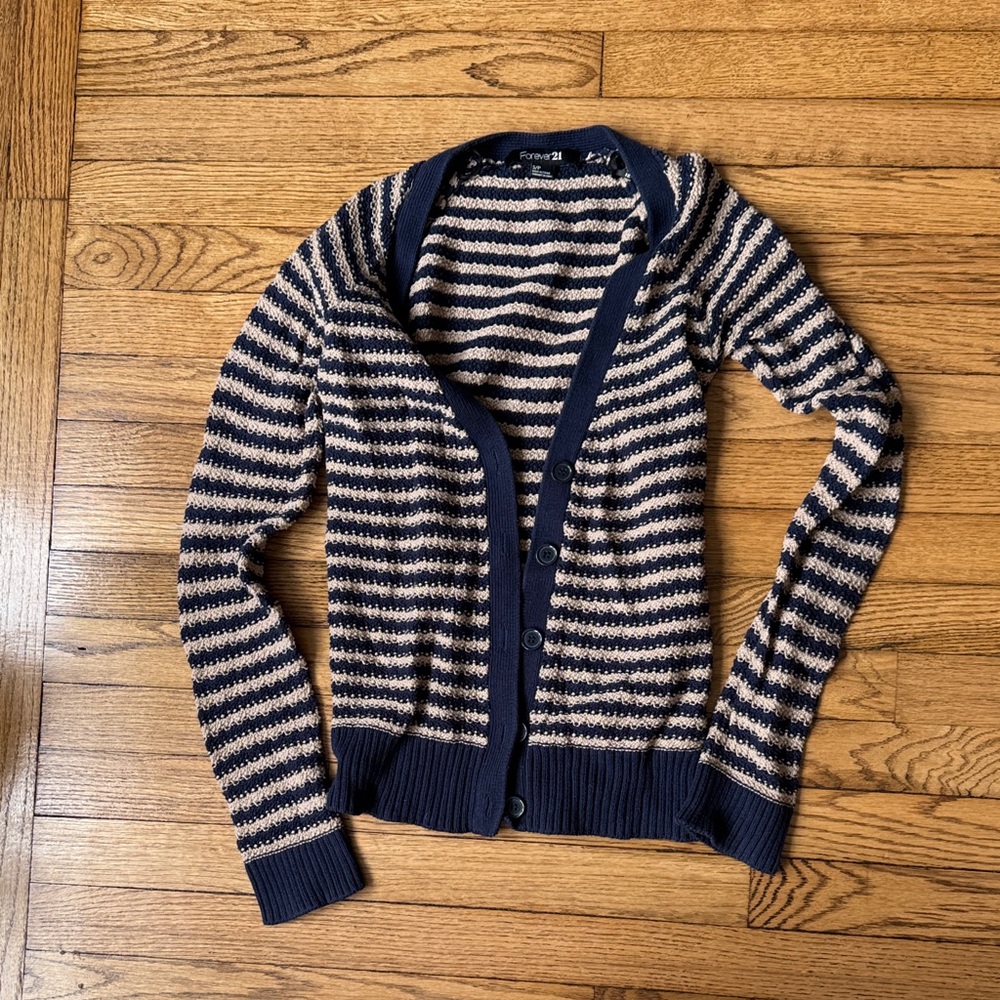 Navy and Beige Striped Cardigan